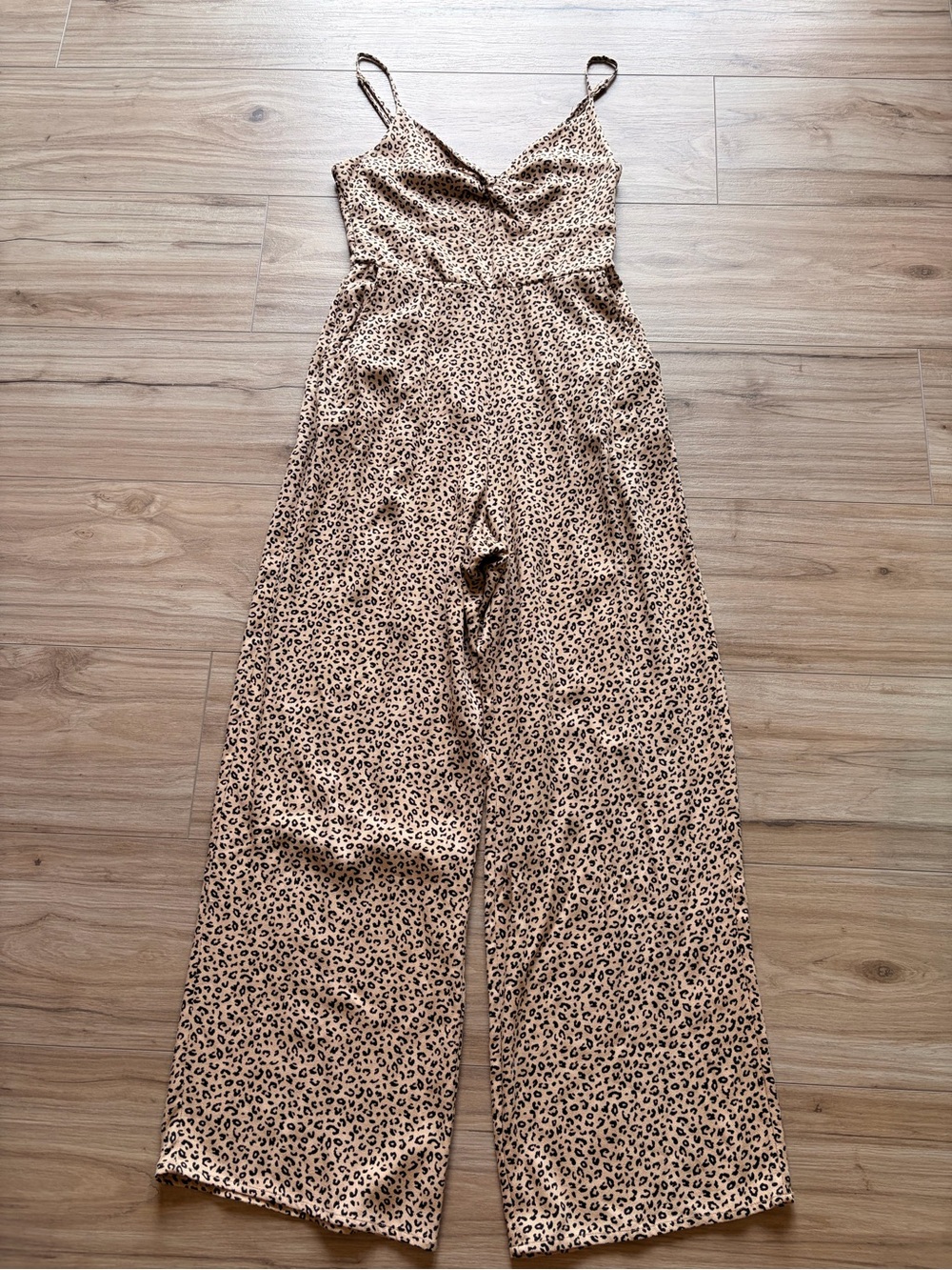 Blue Rain Leopard Print Wide Leg Jumpsuit Small Tan Brown Animal Print Pockets